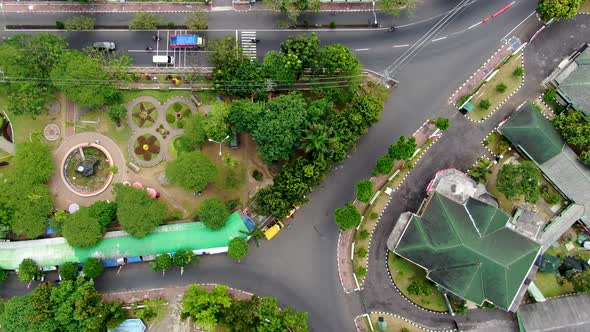 Beautiful green vibrant park in Magelang city, aerial top down view