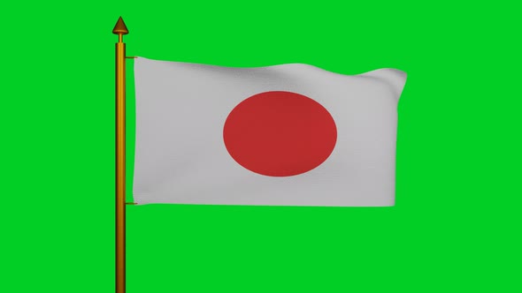 National flag of Japan waving with flagpole on chroma key, Nisshoki japan flag of sun or Hinomaru