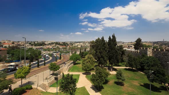 View from the wall of the Old City of Jerusalem on a modern city.