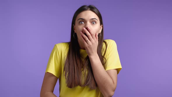 Scared Woman Shocked Isolated Over Violet Background