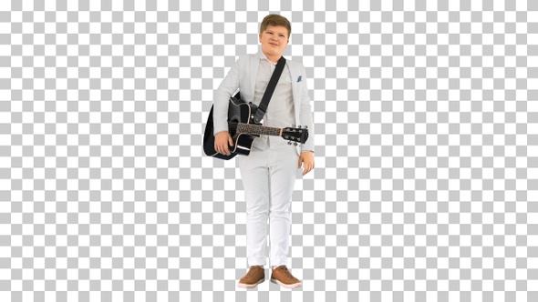 Boy in white suit with guitar greeting audience, Alpha Channel