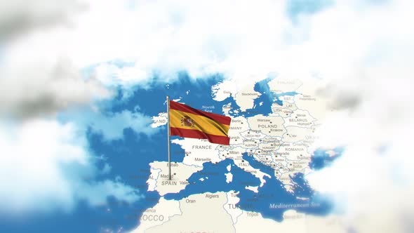 Spain Map And Flag With Clouds