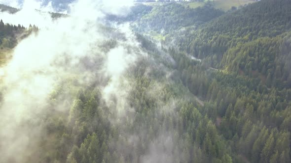 Overhead Aerial Drone Shot of the Romanian Mountains with Beautiful Moving Valley Fog.