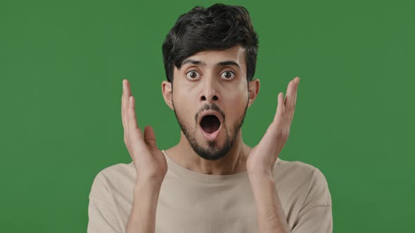 Closeup Portrait of Arab Male Scared Face Indian Man Guy Expressing Shock Open Mouth Feeling Stress