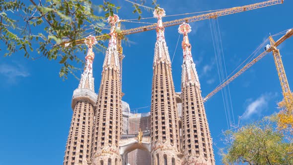 Sagrada Familia a Large Roman Catholic Church in Barcelona Spain Timelapse