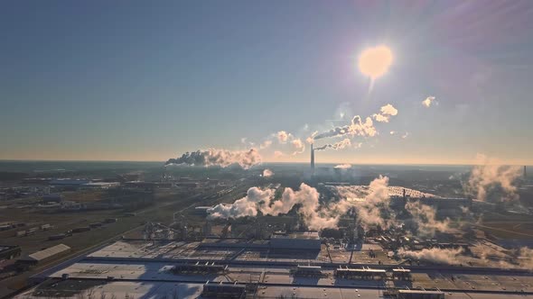 Aerial photography from drone of pipes of factories and factories