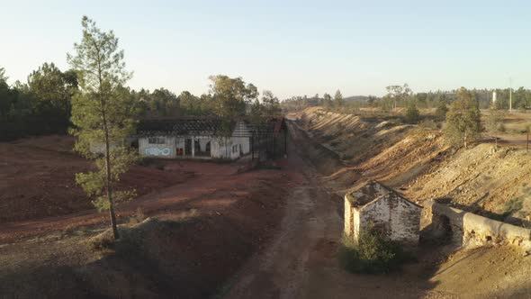 Aerial drone view of the abandoned mines of Mina de Sao Domingos, in Alentejo Portugal