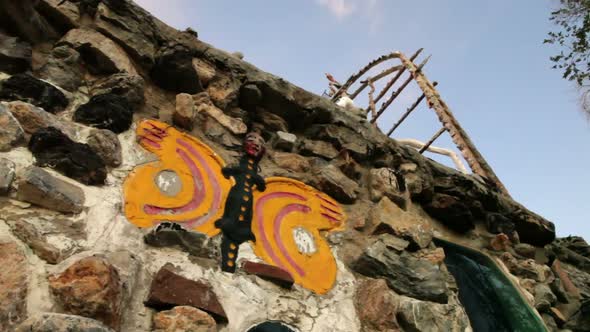 Painted wall and rooftop structures at Thunder Mountain Park in NV.