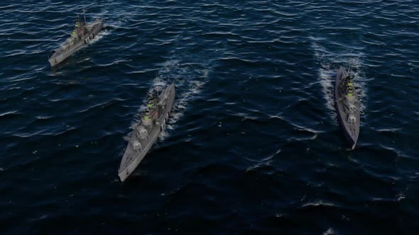 Battleship Fleet In The Open Ocean At High Speed