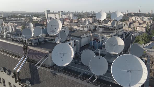 Kyiv, Ukraine: TV Antennas on the Roof of the Building. Aerial. Flat, Gray