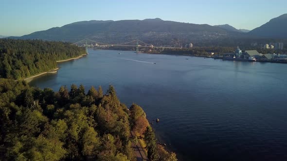 Lions Gate Bridge Over Burrard Inlet With Sailing Boats From Stanley Park In Vancouver, Canada. - ae