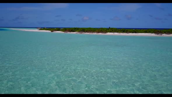 Aerial drone shot seascape of paradise lagoon beach journey by blue lagoon with white sand backgroun