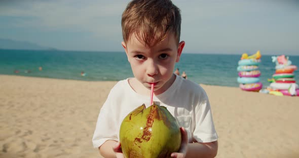 Little Boy Child Drinking Coconut Fruit Cute Kid Drinks a Coconut Trough a Straw