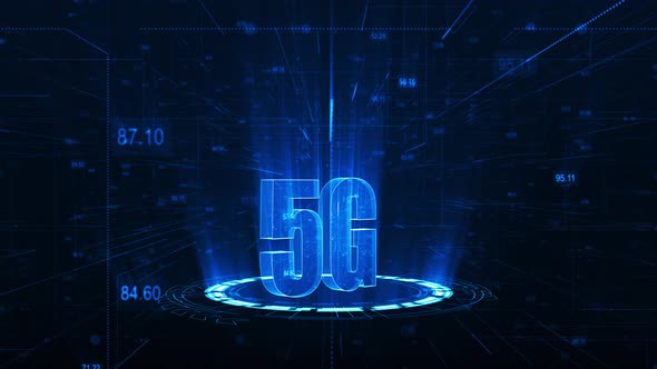 Blue 5G word with rotation circle technology abstract background seamless loop video alt