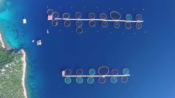 Aerial shot of a sea fish farm in Croatia