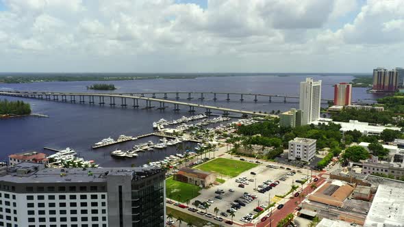 Aerial Footage Caloosahatchee River By Fort Myers With Bridges Crossing