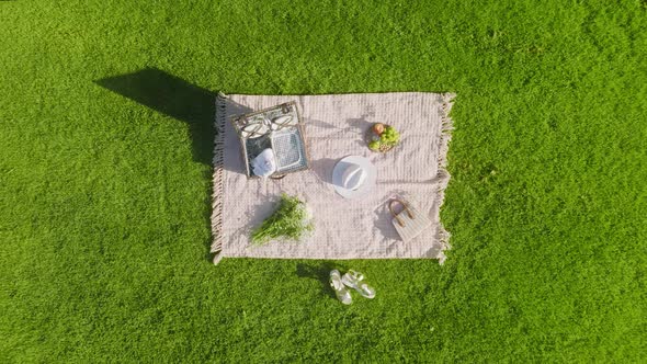 Aerial  Top Down Footage Stylish Picnic Blanket with Basket Flowers White Hat