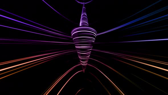 Dark Empty Room with Neon Glowing Abstract Geometric Pattern Rotating with Reflections alt