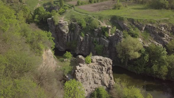 Aerial View To Granite Buky Canyon on the Hirskyi Takich River in Ukraine