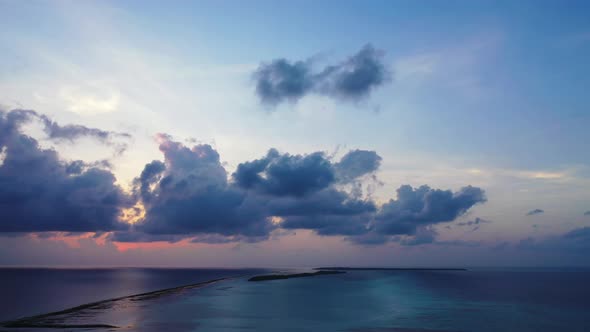 Wide angle aerial island view of a summer white paradise sand beach and blue sea background