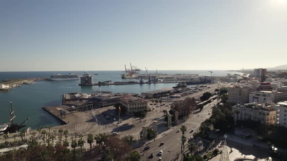 Wide aerial pan at Port of Malaga; Andalusia, Spain