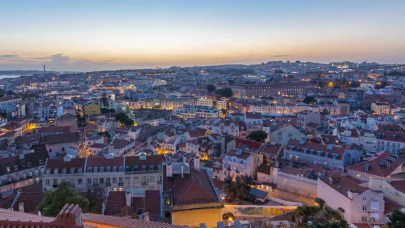 Lisbon After Sunset Aerial Panorama View of City Centre with Red Roofs at Autumn Day to Night