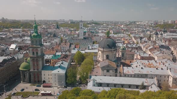 Lvov, Ukraine. Aerial City Lviv, Ukraine. Panorama of the Old Town. Dominican