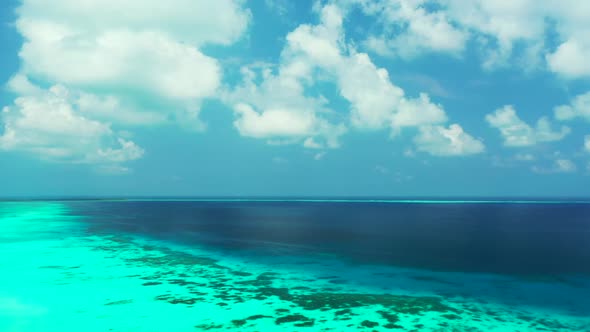 Aerial top down panorama of paradise tourist beach wildlife by aqua blue lagoon and white sandy back