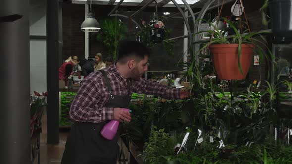 Handsome Male Florist Processes Flowers