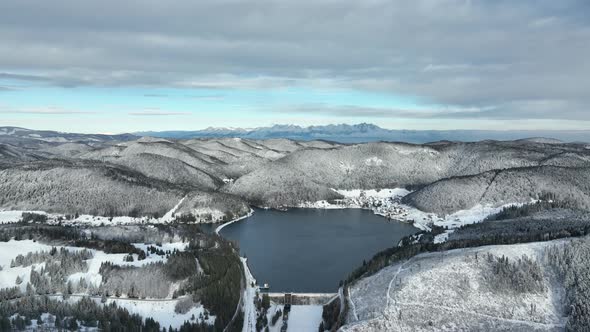 Aerial view of the Palcmanska Masa reservoir in the village of Dedinky in Slovakia