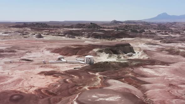 Astronauts Exploring Red Planet Mars Drone Flying Around Space Base Station