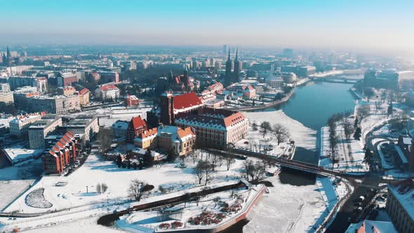 Drone Footage of the Historic City Center and the Odra River in the City of Wroclaw
