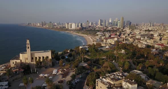 Aerial shot of Jaffa port and Tel-Aviv cityscape in Israel