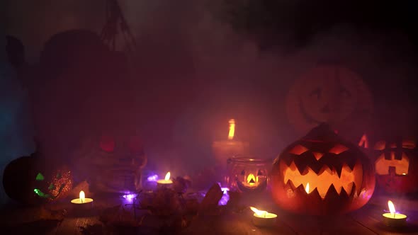 Atmospheric Decorations in the Style of Halloween in a Thick Magical Smoke Mystical Background