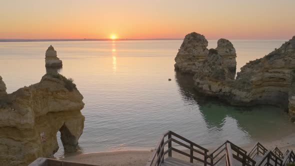 Praia Do Camilo Beach at Sunrise Near Lagos Town Algarve Province Portugal