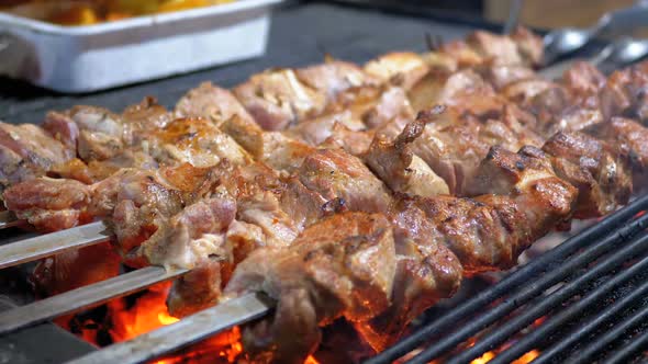 Shish Kebab Cooked on the Grill on the Street Market