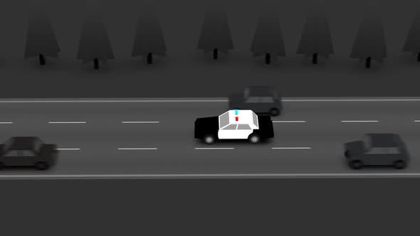 The police car speeding on a busy road, The vehicle is going fast between cars.