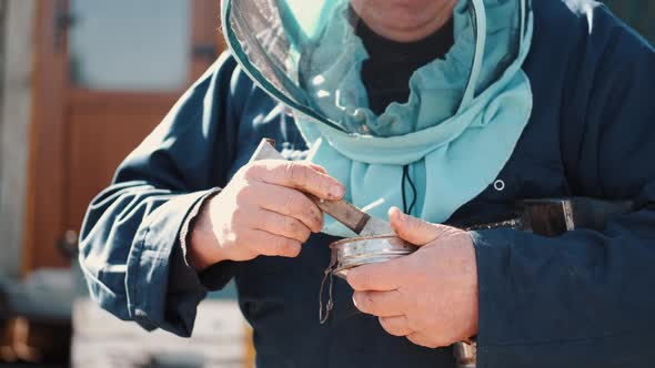 Senior Man Beekeper Collecting Honey From Honeycomb