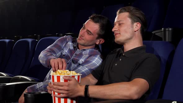 Two Male Friends Laughing While Watching Comedies at the Cinema