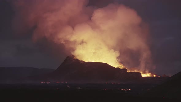 Molten Lava And Smoke Erupting From Fagradalsfjall Volcano