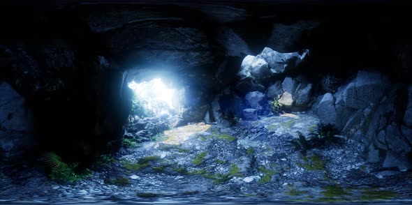 VR 360 Camera Moving Inside Tropical Cave in Jungle with Palms and Sun Light