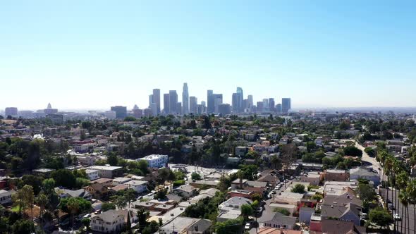 Beautiful drone shot of Los Angeles, California showing the downtown skyline