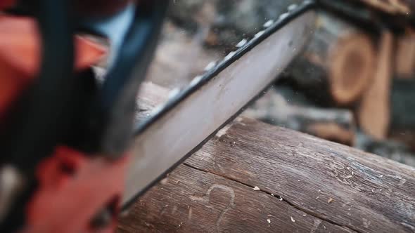 Chainsaw Cutting Log Closeup, Slow Motion Shot