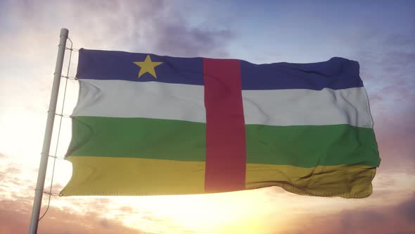 Flag of Central African Republic Waving in the Wind Sky and Sun Background