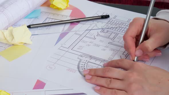 Architect Designer Interior Creative Working Hand Drawing Blueprints Protractor in Office Workplace