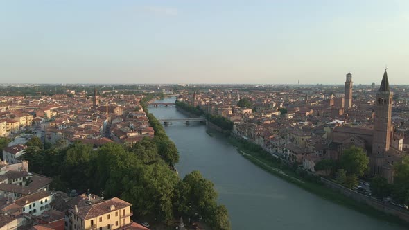 Air Flight Over Verona With Bell Tower