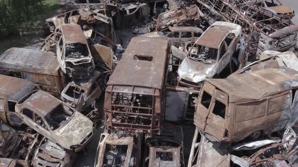 War in Ukraine a Dump of Shot and Burned Cars in Irpin