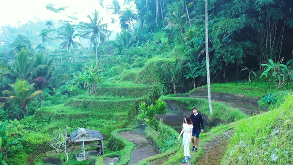 Jungle romance and walk over the terraced rice fields. Summer love, honeymoon adventure and unspoile