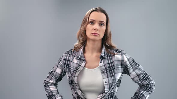 Portrait of Frustrated Woman Dont Know Shaking Head Posing Isolated