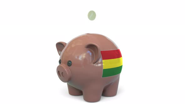 Putting Money Into Piggy Bank with Flag of Bolivia